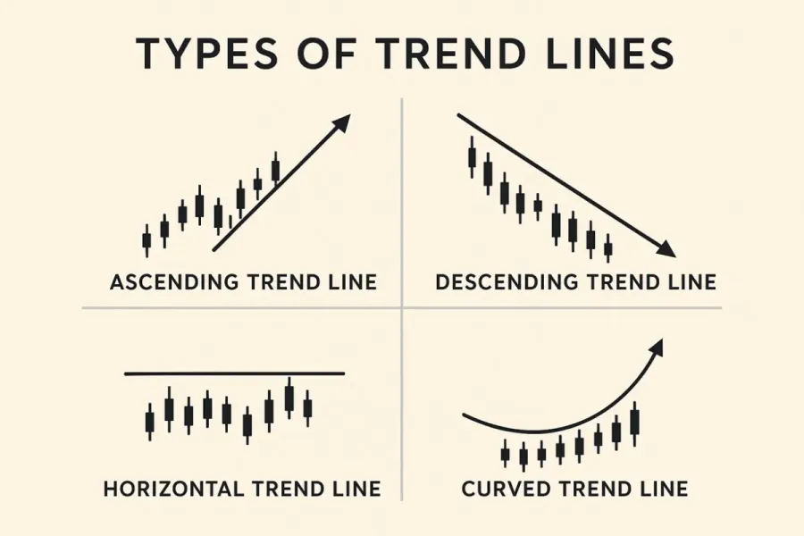 Tipos de líneas de tendencia: ascendente, descendente, horizontal y curva